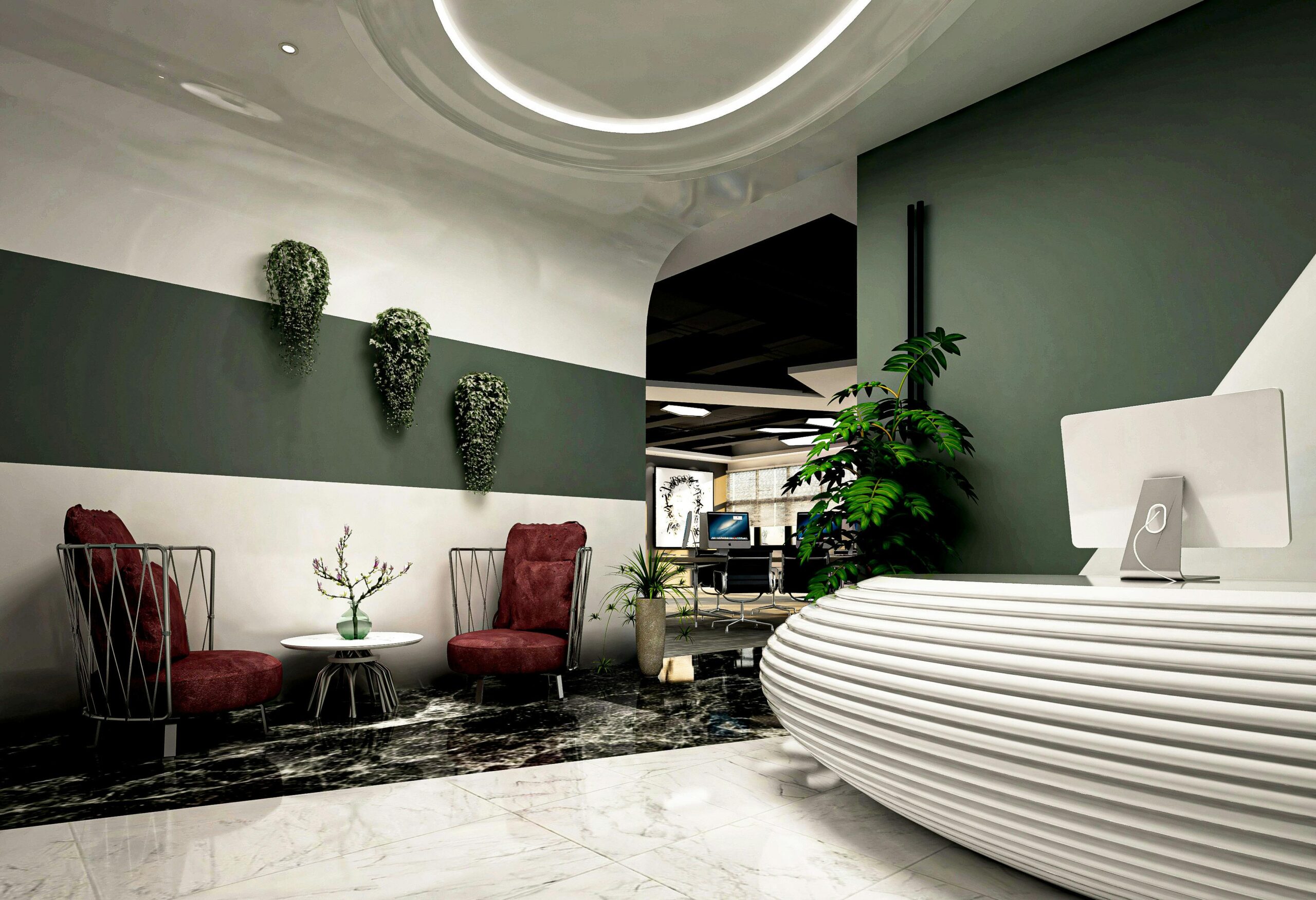 Elegant reception area featuring modern decor with burgundy chairs and greenery in Casablanca, Morocco.